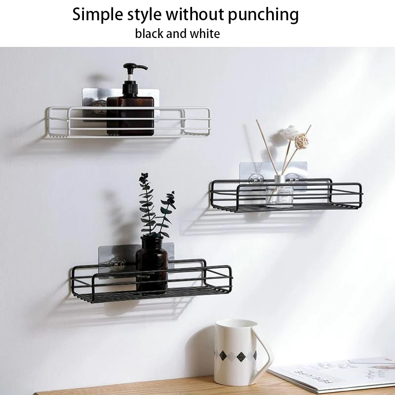 Bathroom Storage Rack Kitchen Organizer Shelf Black Shelves Corner Frame Iron Shower Punch Free Mounted Caddy Rack-D shop