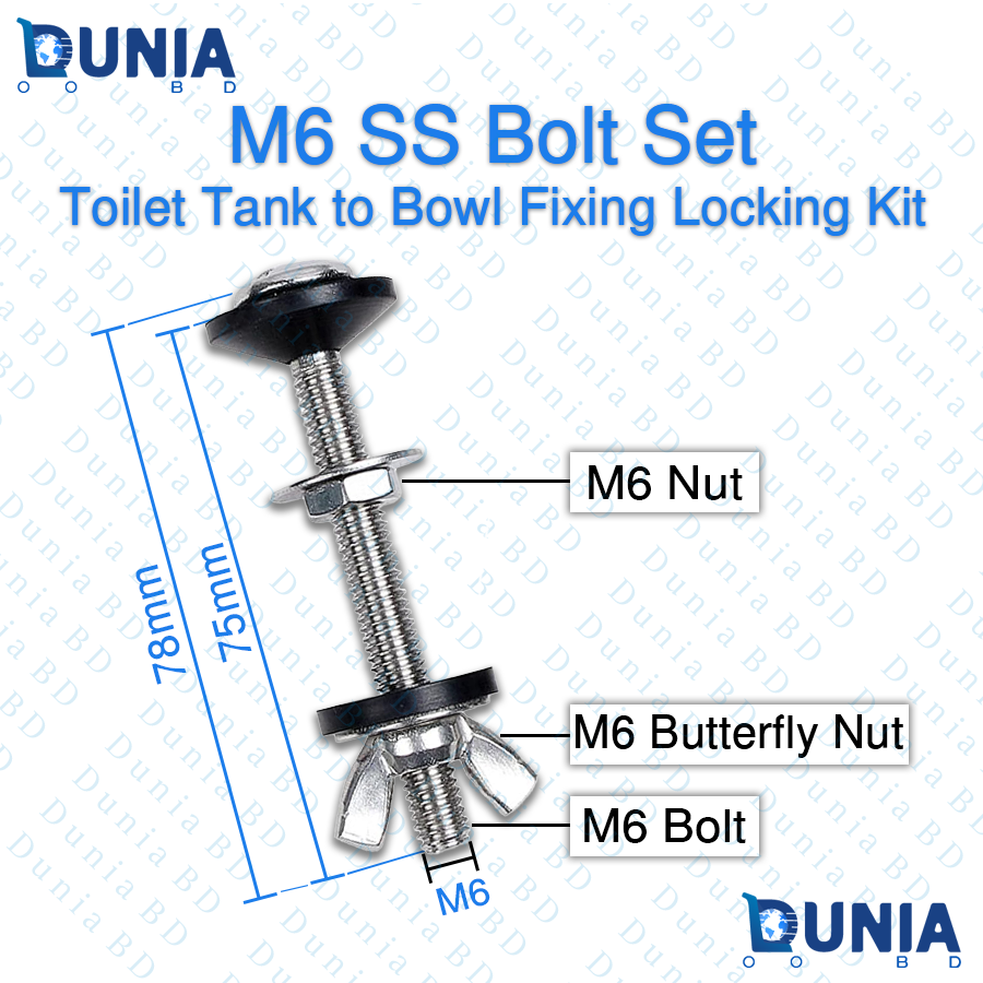 M6 SS Bolt Set Toilet Tank to Bowl Fixing Locking Kit with Butterfly Nut & Washer Stainless Steel